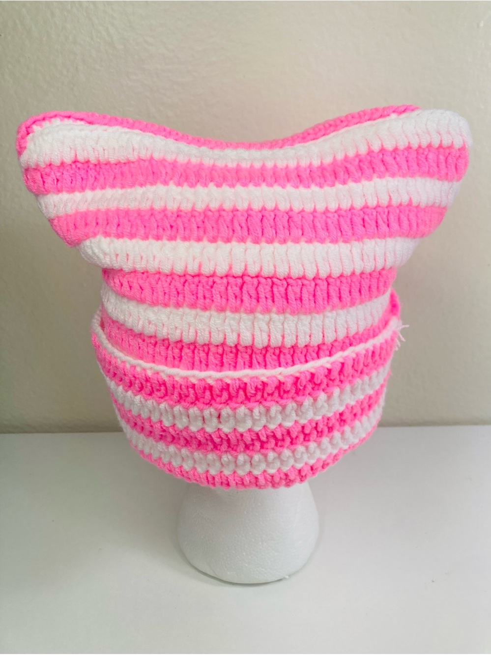 NEW Pink & White Striped Knit Cat Ear Square Beanie 🐱